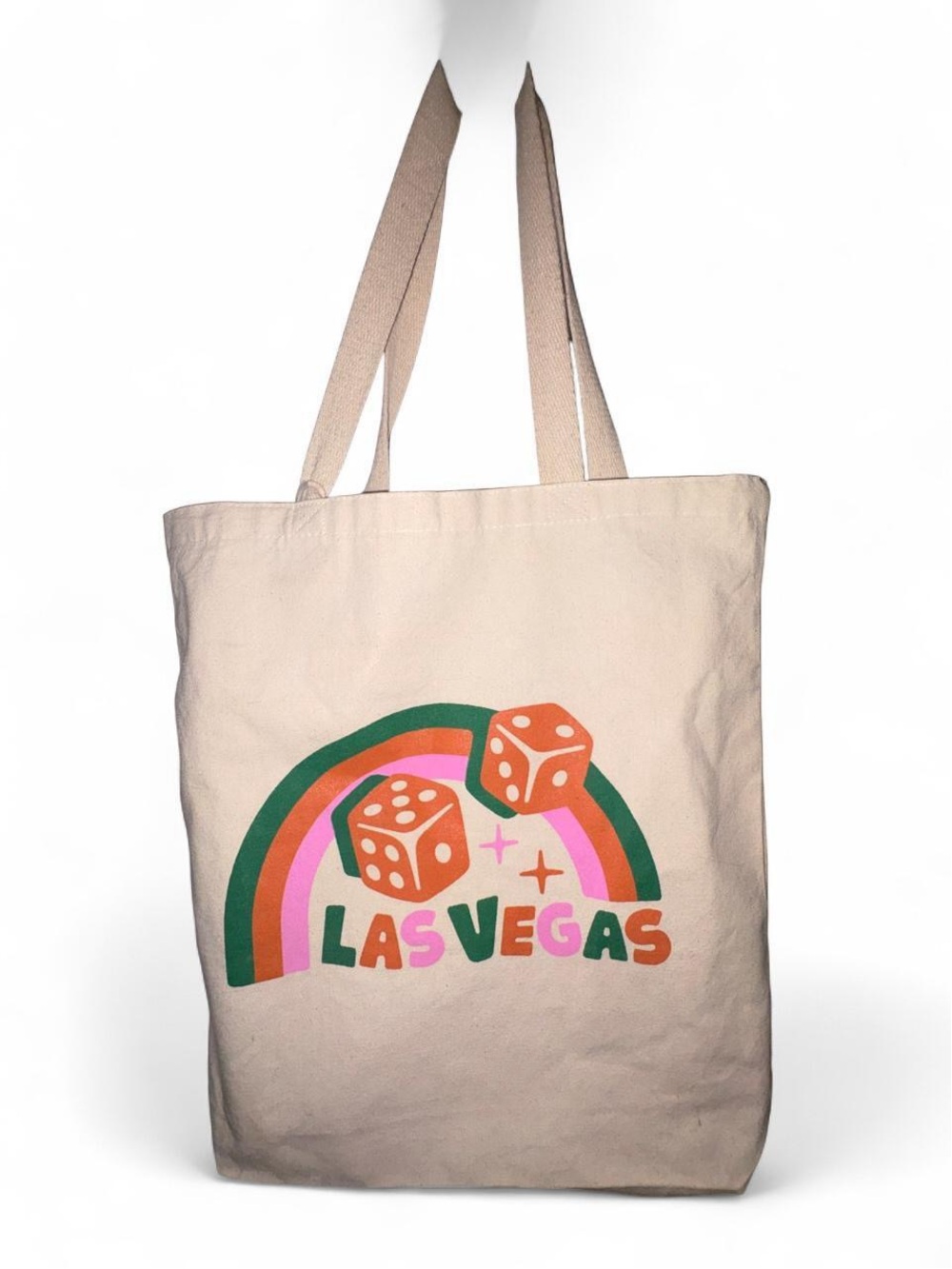 Beige 'Las Vegas' Graphic Tote Bag with Colorful Rainbow Dice